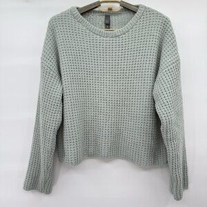 Alya Waffle‎ Knit Sweater Sage Green Long Sleeve Cozy Crop Size Large